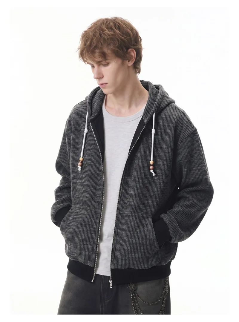 American Retro Men's Casual Zipper Hoodie Autumn Winter Fashion Loose Hooded Jacket Japan Korean Streetwear Sweatshirt