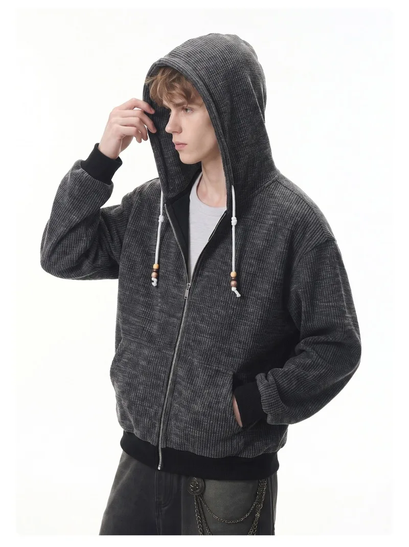 American Retro Men's Casual Zipper Hoodie Autumn Winter Fashion Loose Hooded Jacket Japan Korean Streetwear Sweatshirt