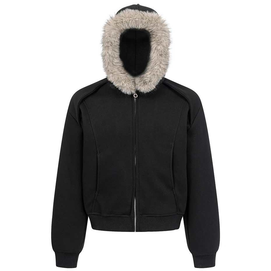 Fur Collar Hoodies Men Streetwear Harajuku Hip Hop Oversized Hoodies Jackets Casual Loose Solid Hoodie Sweatshirts
