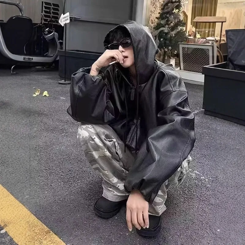 Korean Style High Street PU Leather Hooded Jacket for Men 2026 Autumn Winter New Men's Loose Zipper Hoodie Coat Japan Streetwear