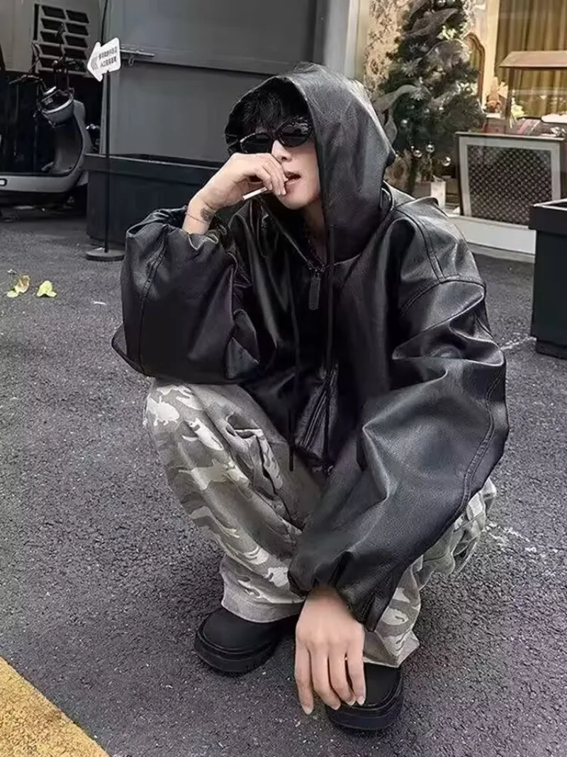 Korean Style High Street PU Leather Hooded Jacket for Men 2026 Autumn Winter New Men's Loose Zipper Hoodie Coat Japan Streetwear