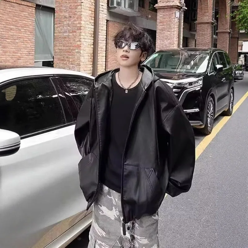 Korean Style High Street PU Leather Hooded Jacket for Men 2026 Autumn Winter New Men's Loose Zipper Hoodie Coat Japan Streetwear