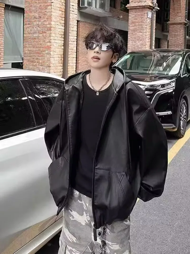 Korean Style High Street PU Leather Hooded Jacket for Men 2026 Autumn Winter New Men's Loose Zipper Hoodie Coat Japan Streetwear