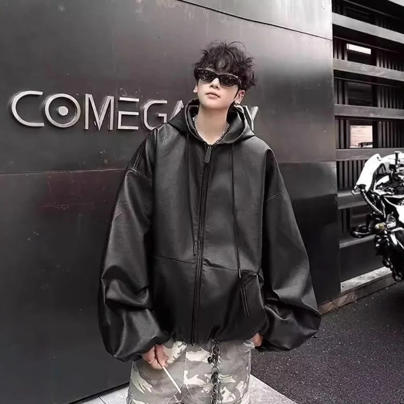 Korean Style High Street PU Leather Hooded Jacket for Men 2026 Autumn Winter New Men's Loose Zipper Hoodie Coat Japan Streetwear