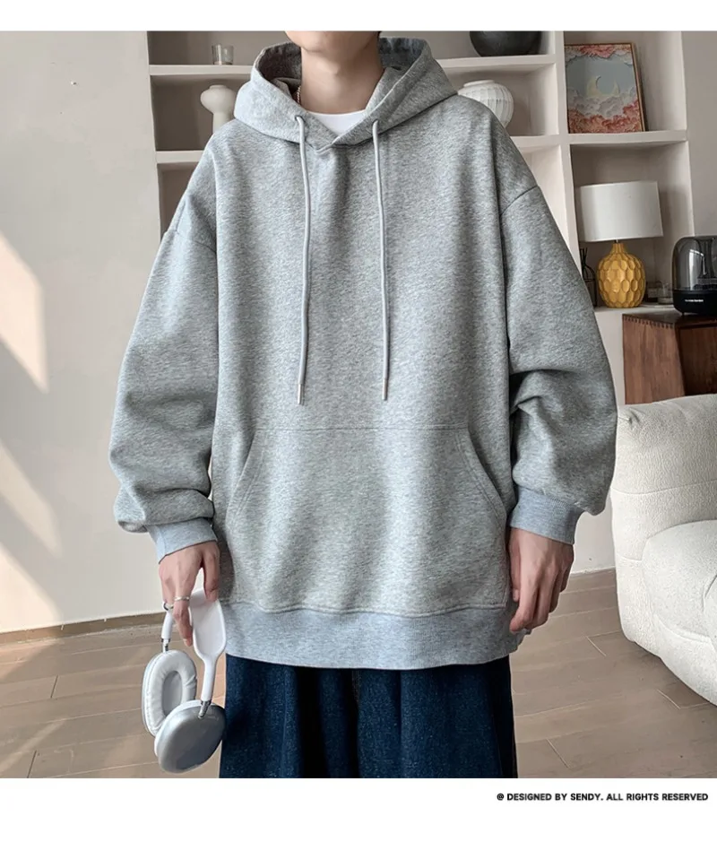 Korean Fashion Oversized Men's Hoodie Autumn Winter New Solid Color Casual Loose Hooded Sweatshirt Japan Streetwear Men Clothing