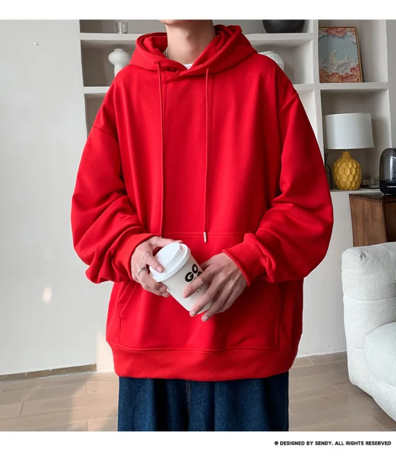 Korean Fashion Oversized Men's Hoodie Autumn Winter New Solid Color Casual Loose Hooded Sweatshirt Japan Streetwear Men Clothing