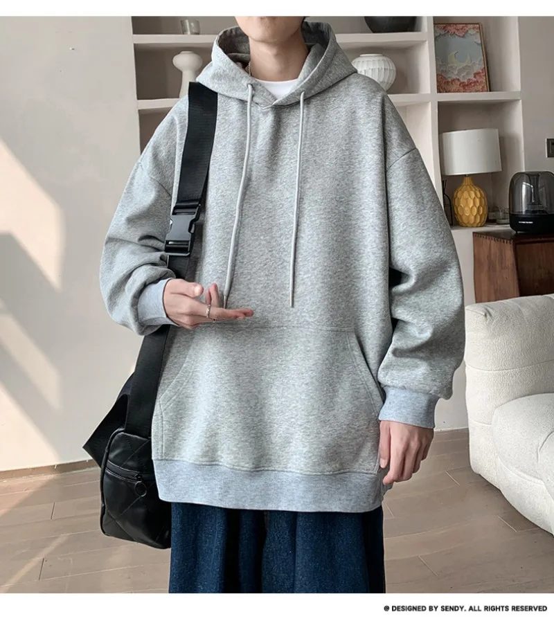 Korean Fashion Oversized Men's Hoodie Autumn Winter New Solid Color Casual Loose Hooded Sweatshirt Japan Streetwear Men Clothing