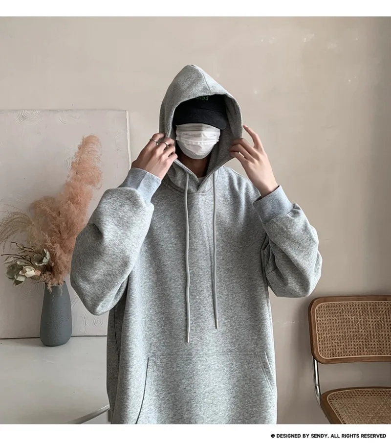 Korean Fashion Oversized Men's Hoodie Autumn Winter New Solid Color Casual Loose Hooded Sweatshirt Japan Streetwear Men Clothing