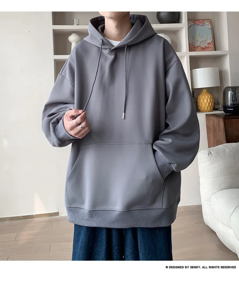 Korean Fashion Oversized Men's Hoodie Autumn Winter New Solid Color Casual Loose Hooded Sweatshirt Japan Streetwear Men Clothing