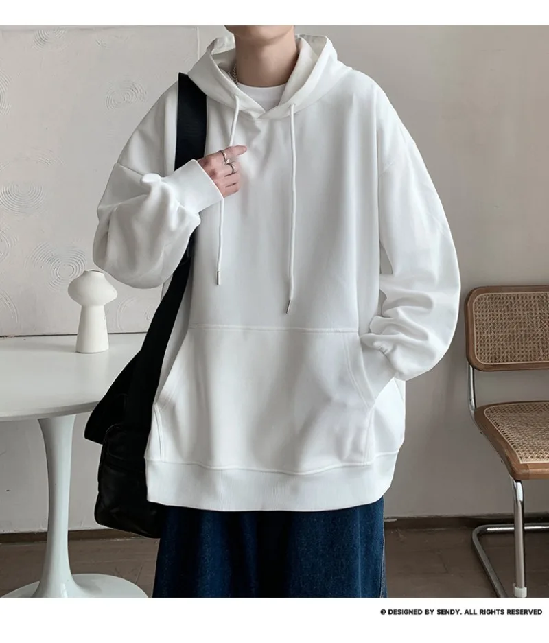 Korean Fashion Oversized Men's Hoodie Autumn Winter New Solid Color Casual Loose Hooded Sweatshirt Japan Streetwear Men Clothing
