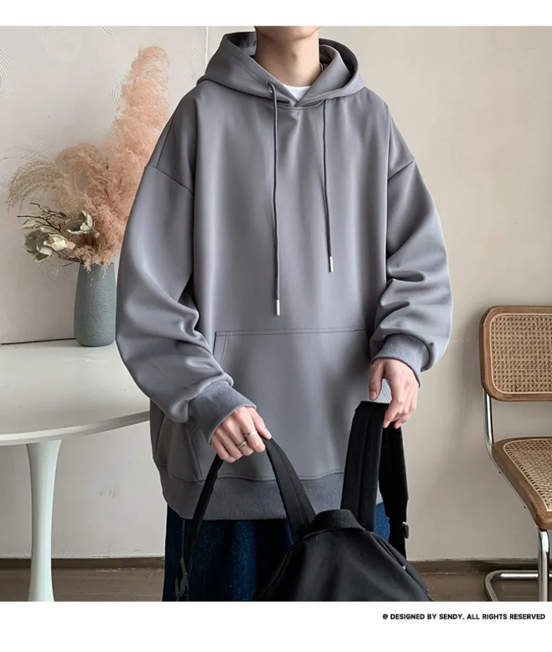 Korean Fashion Oversized Men's Hoodie Autumn Winter New Solid Color Casual Loose Hooded Sweatshirt Japan Streetwear Men Clothing