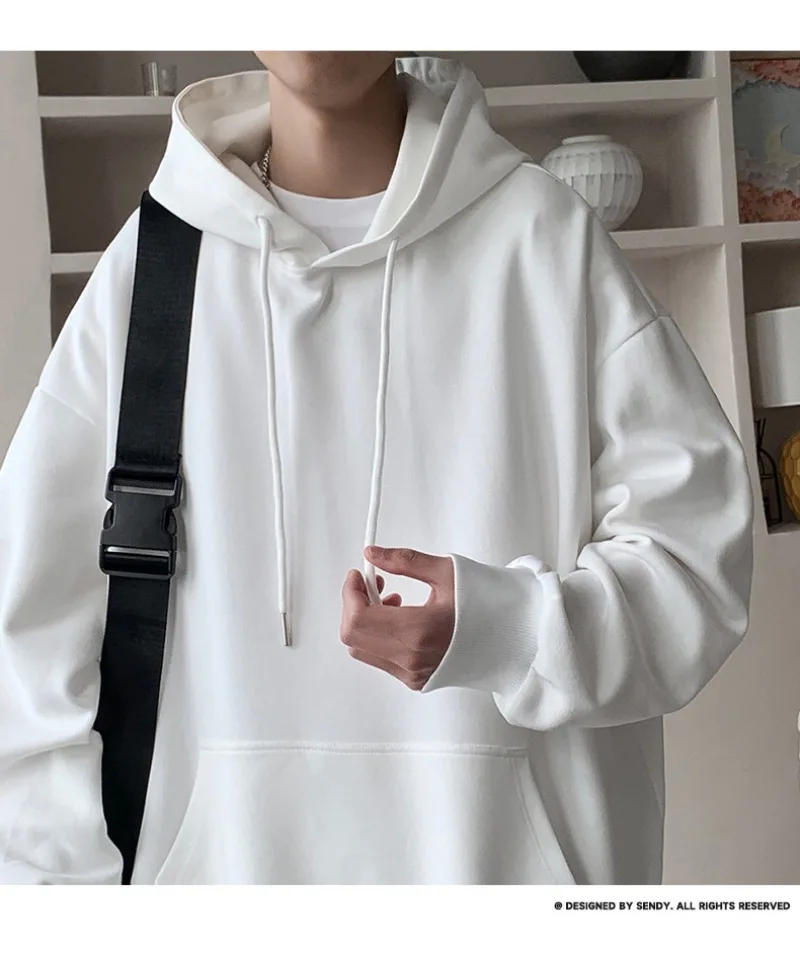 Korean Fashion Oversized Men's Hoodie Autumn Winter New Solid Color Casual Loose Hooded Sweatshirt Japan Streetwear Men Clothing