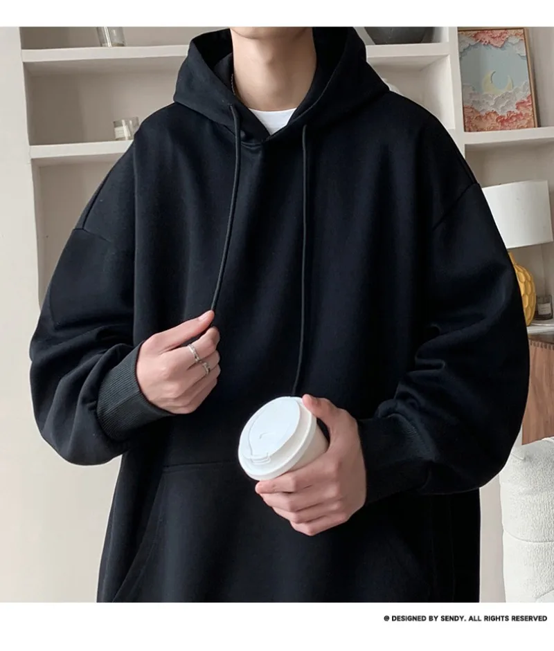 Korean Fashion Oversized Men's Hoodie Autumn Winter New Solid Color Casual Loose Hooded Sweatshirt Japan Streetwear Men Clothing