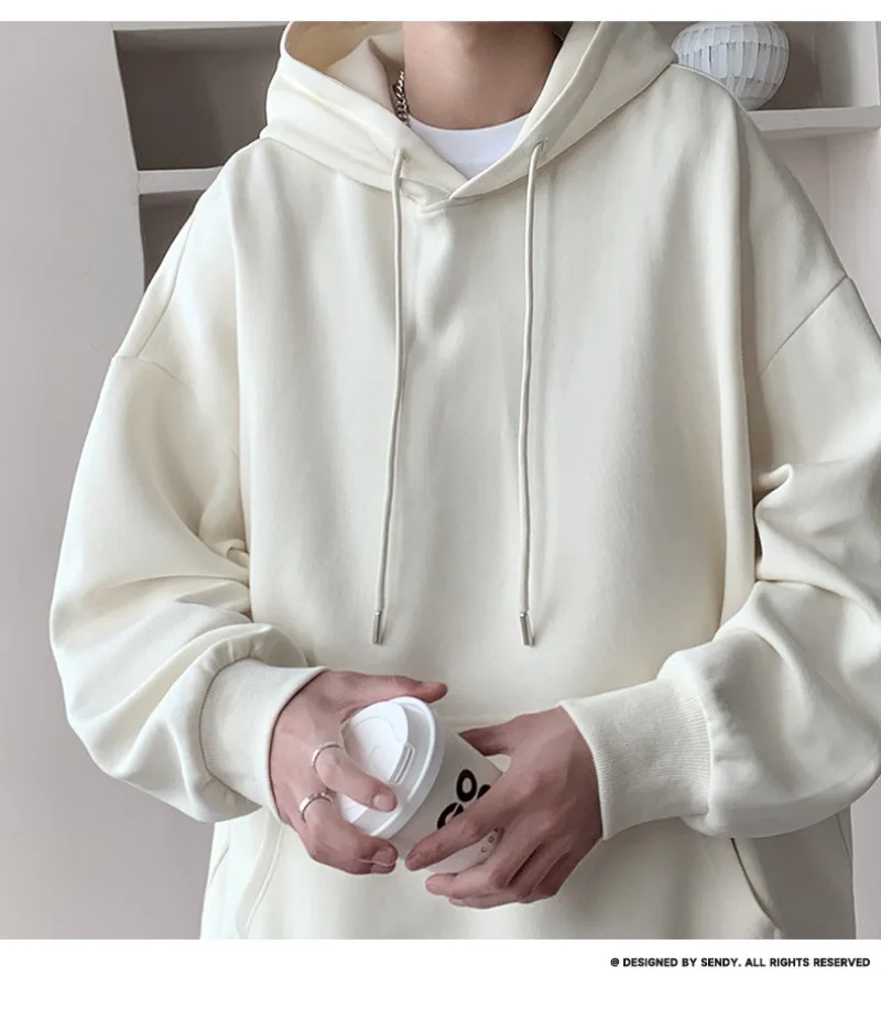 Korean Fashion Oversized Men's Hoodie Autumn Winter New Solid Color Casual Loose Hooded Sweatshirt Japan Streetwear Men Clothing