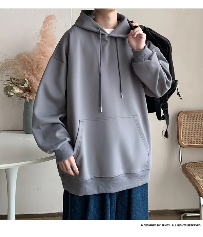 Korean Fashion Oversized Men's Hoodie Autumn Winter New Solid Color Casual Loose Hooded Sweatshirt Japan Streetwear Men Clothing