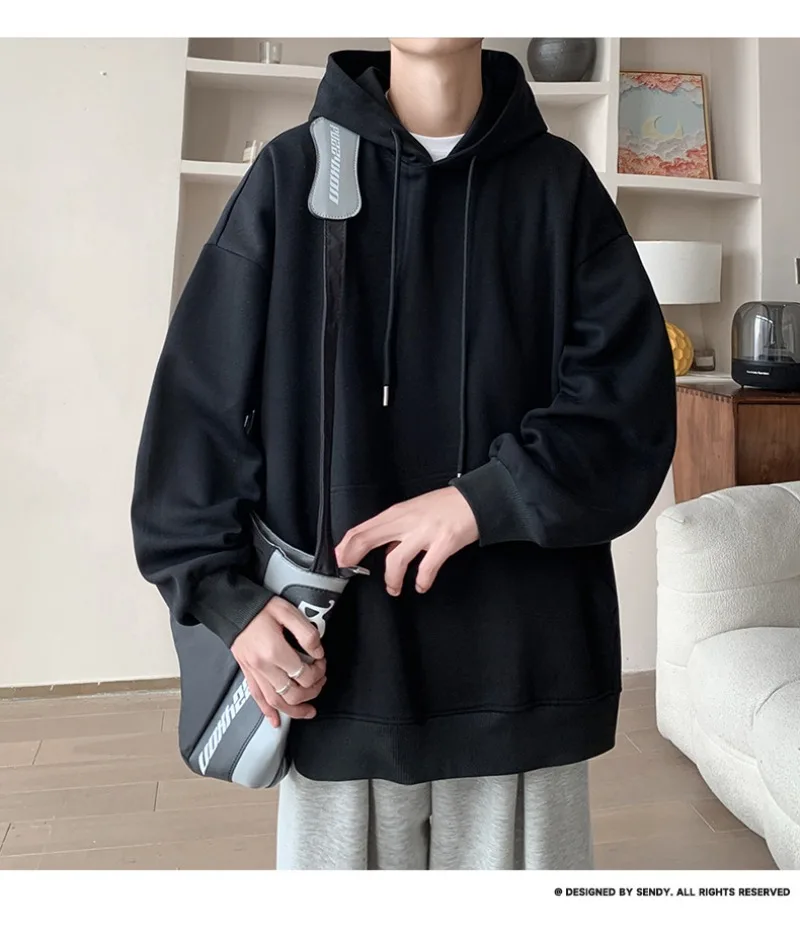 Korean Fashion Oversized Men's Hoodie Autumn Winter New Solid Color Casual Loose Hooded Sweatshirt Japan Streetwear Men Clothing