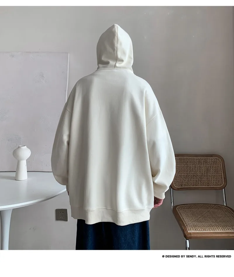 Korean Fashion Oversized Men's Hoodie Autumn Winter New Solid Color Casual Loose Hooded Sweatshirt Japan Streetwear Men Clothing