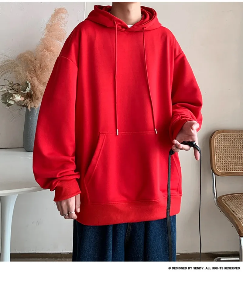 Korean Fashion Oversized Men's Hoodie Autumn Winter New Solid Color Casual Loose Hooded Sweatshirt Japan Streetwear Men Clothing
