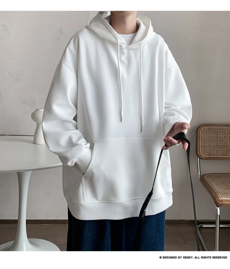 Korean Fashion Oversized Men's Hoodie Autumn Winter New Solid Color Casual Loose Hooded Sweatshirt Japan Streetwear Men Clothing