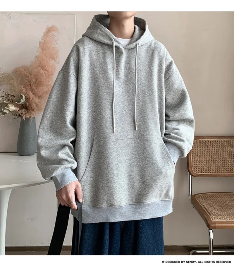 Korean Fashion Oversized Men's Hoodie Autumn Winter New Solid Color Casual Loose Hooded Sweatshirt Japan Streetwear Men Clothing