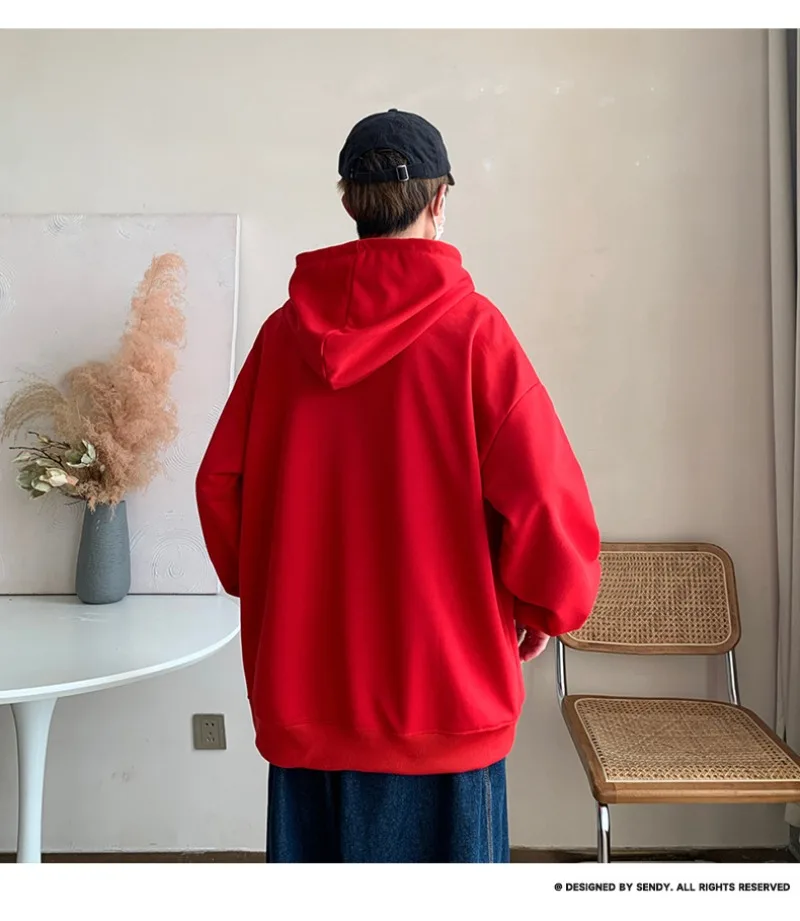 Korean Fashion Oversized Men's Hoodie Autumn Winter New Solid Color Casual Loose Hooded Sweatshirt Japan Streetwear Men Clothing
