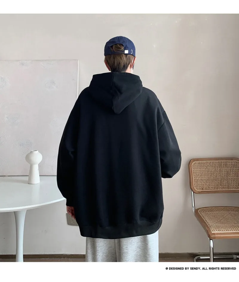 Korean Fashion Oversized Men's Hoodie Autumn Winter New Solid Color Casual Loose Hooded Sweatshirt Japan Streetwear Men Clothing