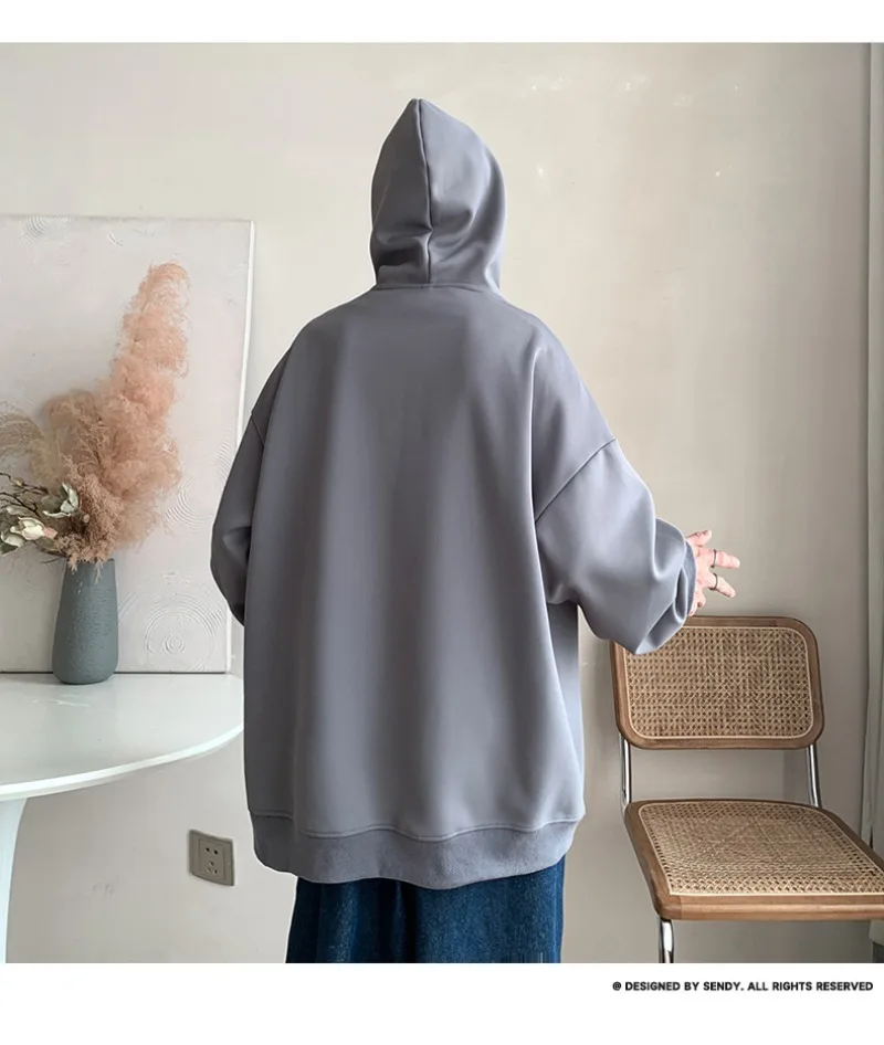 Korean Fashion Oversized Men's Hoodie Autumn Winter New Solid Color Casual Loose Hooded Sweatshirt Japan Streetwear Men Clothing