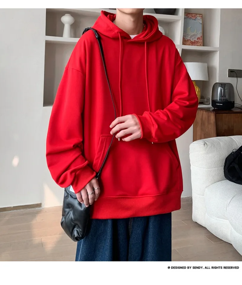 Korean Fashion Oversized Men's Hoodie Autumn Winter New Solid Color Casual Loose Hooded Sweatshirt Japan Streetwear Men Clothing