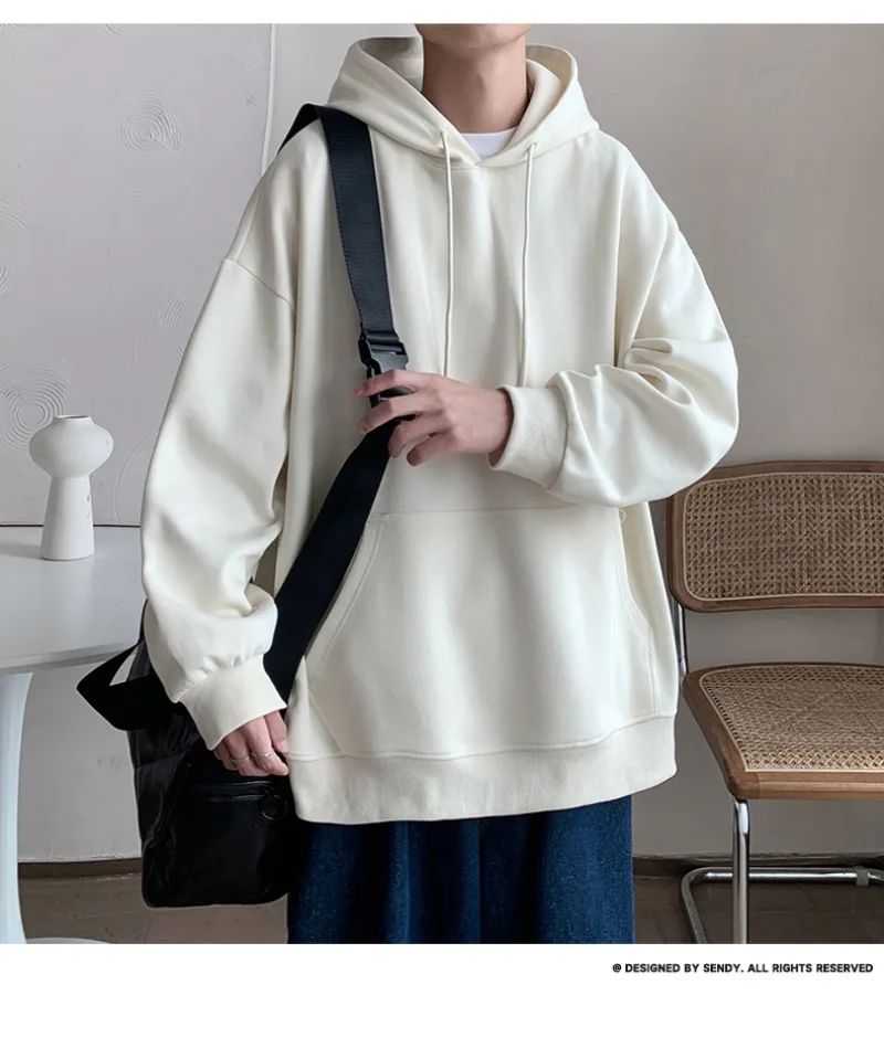Korean Fashion Oversized Men's Hoodie Autumn Winter New Solid Color Casual Loose Hooded Sweatshirt Japan Streetwear Men Clothing