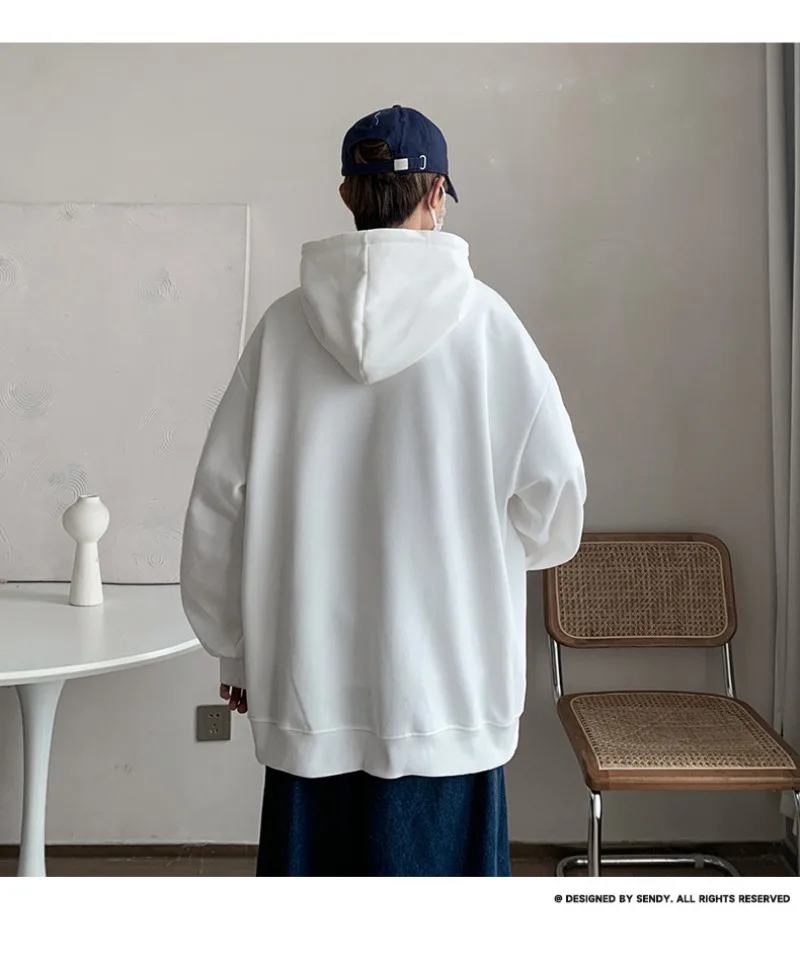 Korean Fashion Oversized Men's Hoodie Autumn Winter New Solid Color Casual Loose Hooded Sweatshirt Japan Streetwear Men Clothing