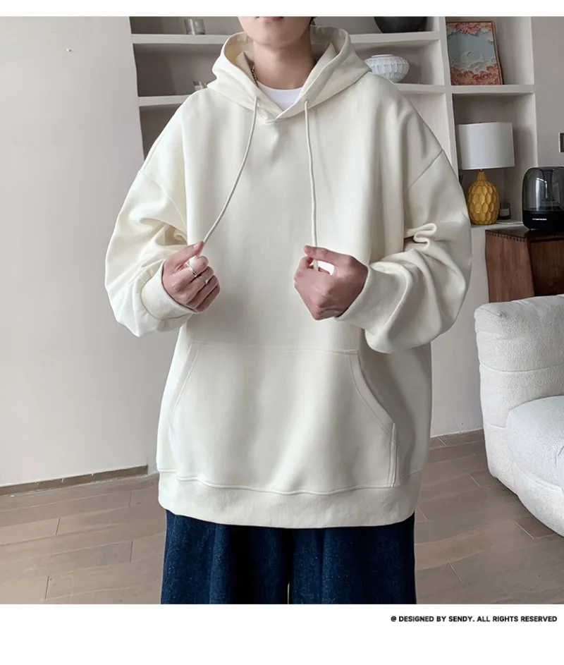 Korean Fashion Oversized Men's Hoodie Autumn Winter New Solid Color Casual Loose Hooded Sweatshirt Japan Streetwear Men Clothing