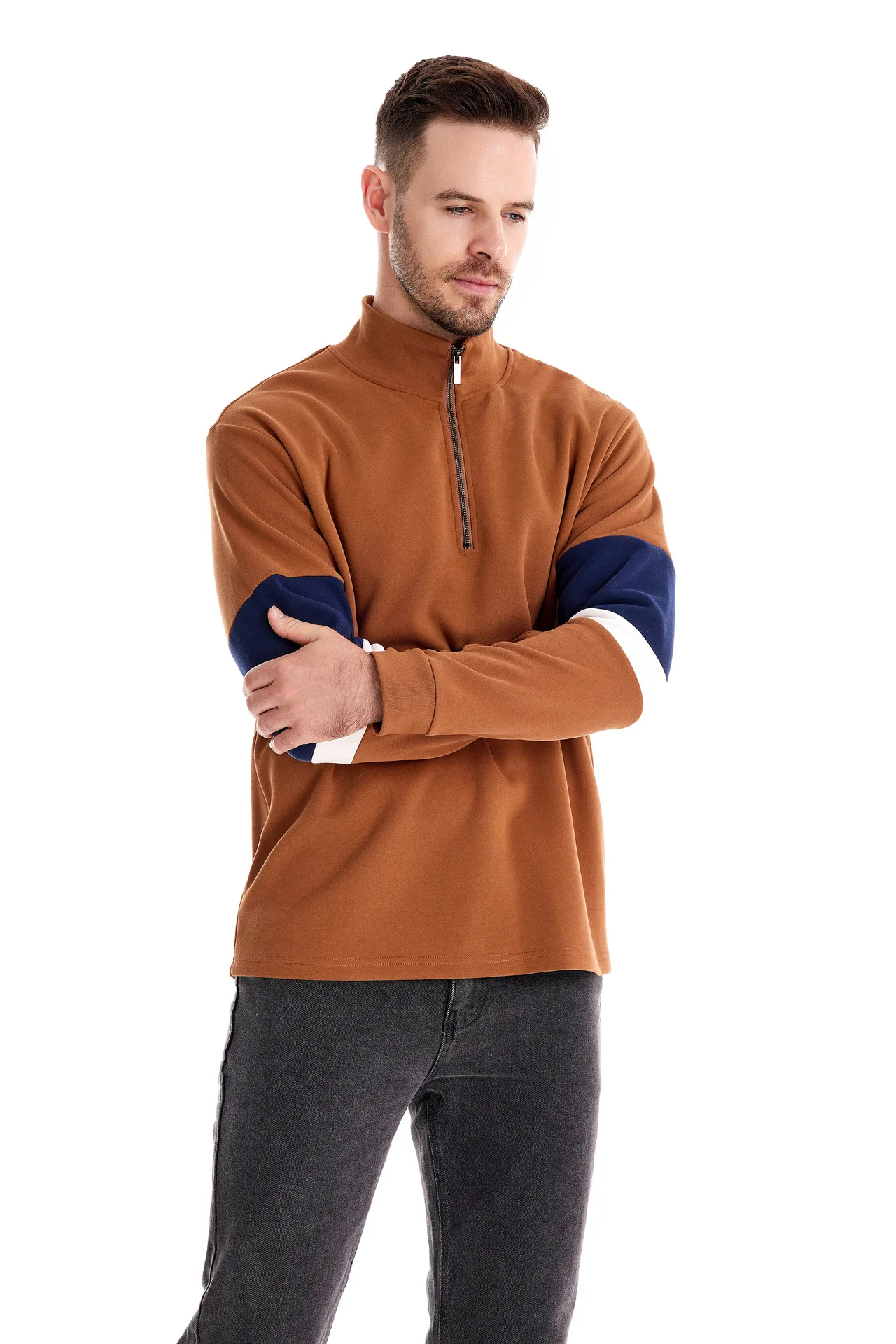 Autumn Long Sleeve Polo Collar Sweatshirt Men's Color-Block Casual Streetwear