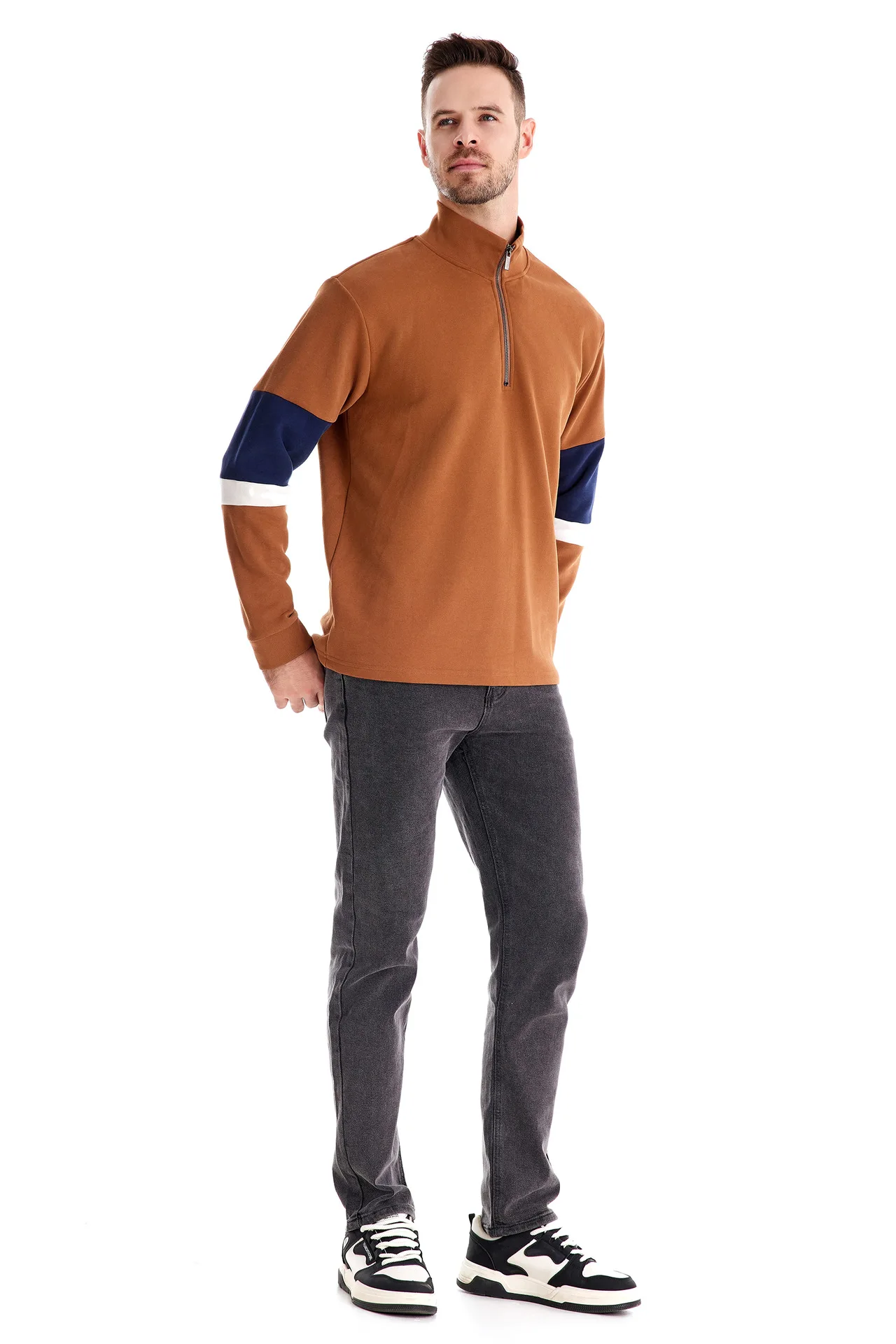 Autumn Long Sleeve Polo Collar Sweatshirt Men's Color-Block Casual Streetwear