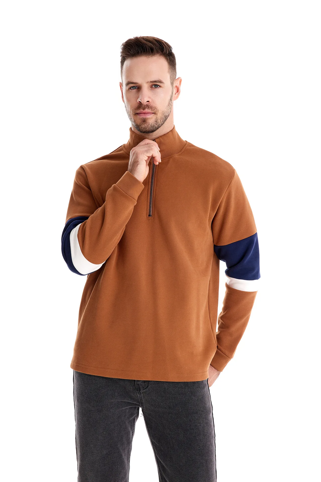 Autumn Long Sleeve Polo Collar Sweatshirt Men's Color-Block Casual Streetwear