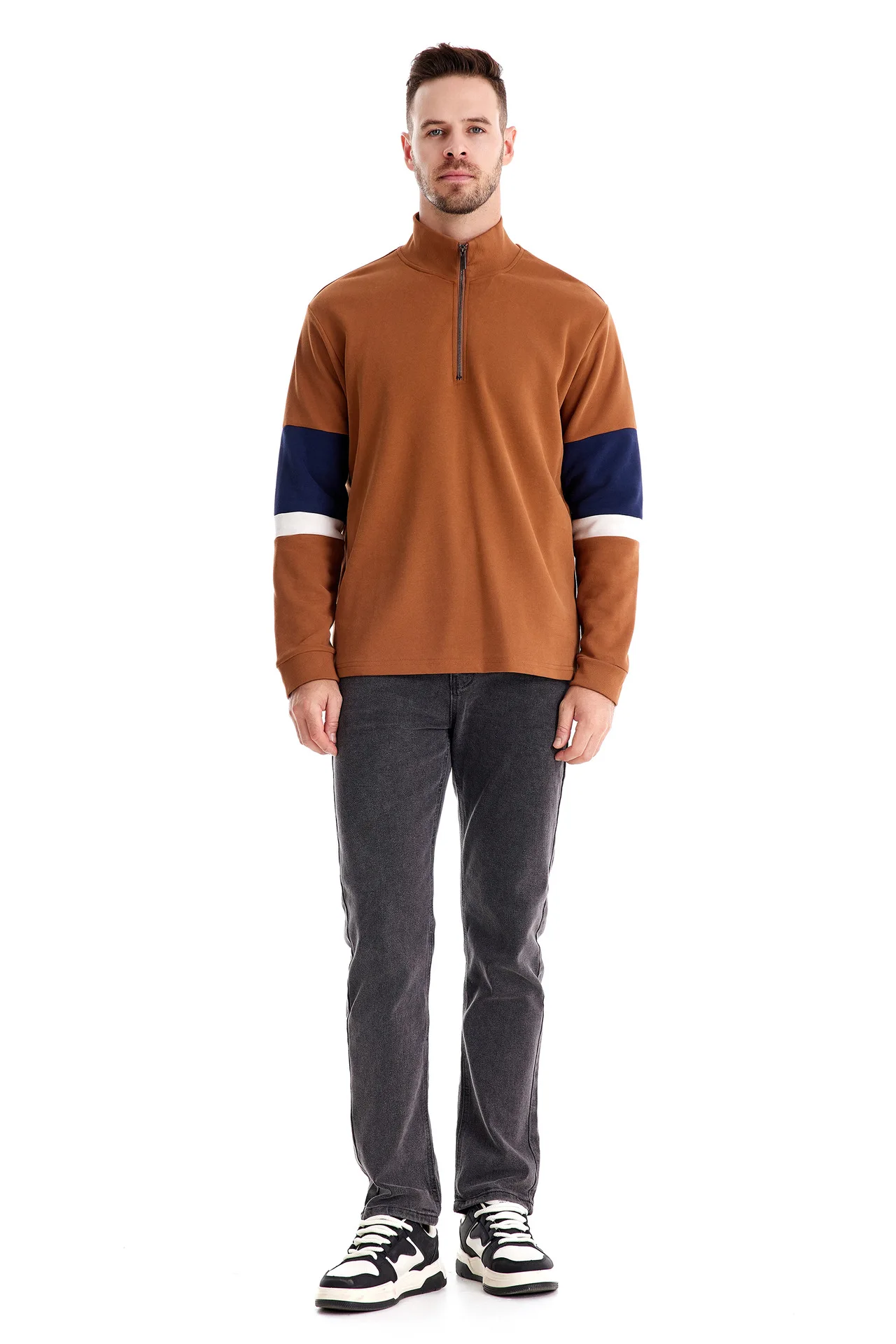 Autumn Long Sleeve Polo Collar Sweatshirt Men's Color-Block Casual Streetwear