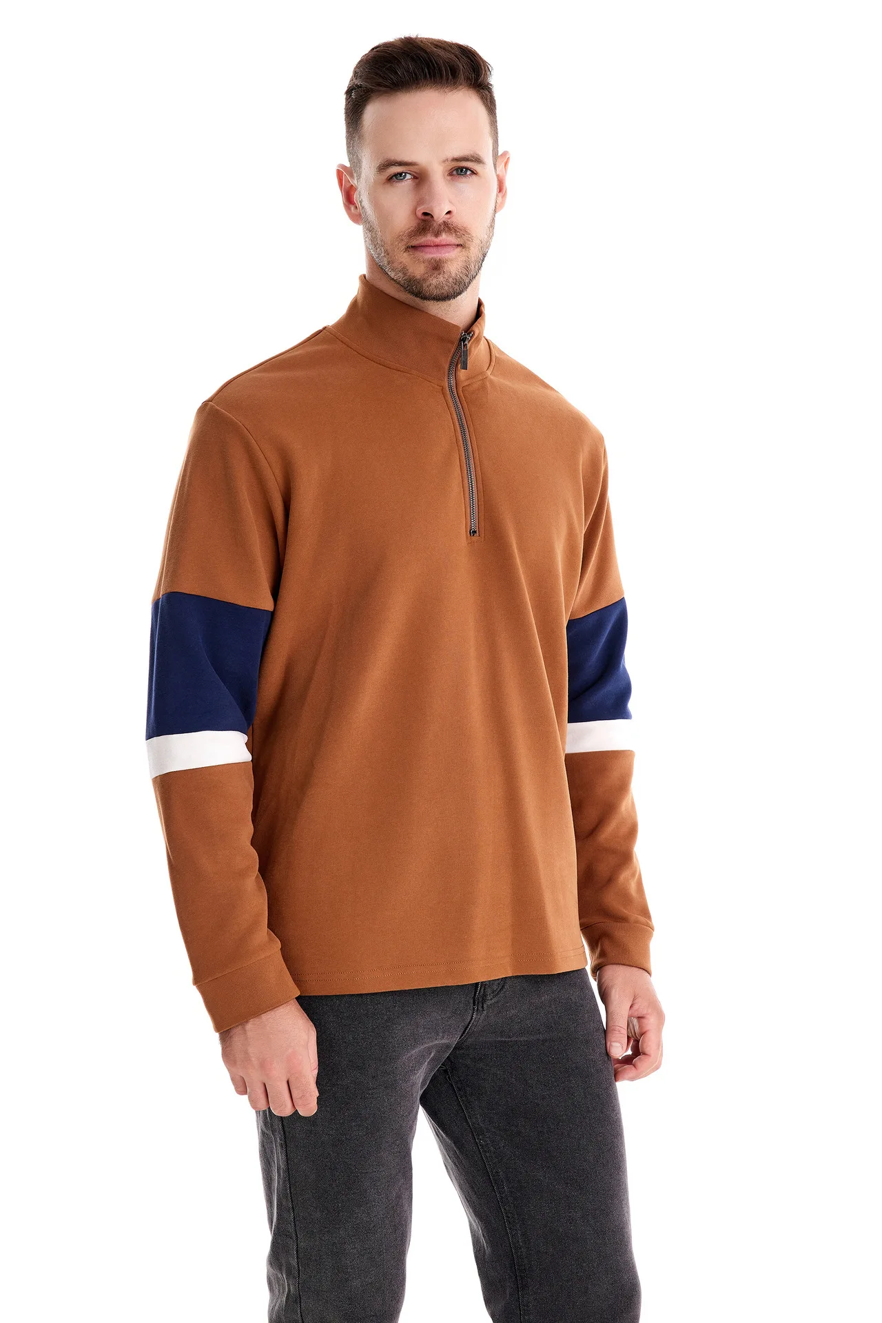 Autumn Long Sleeve Polo Collar Sweatshirt Men's Color-Block Casual Streetwear