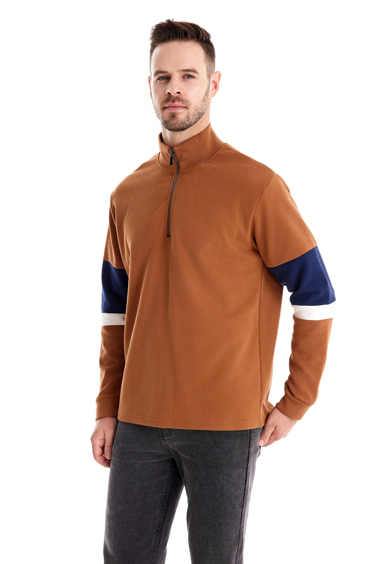 Autumn Long Sleeve Polo Collar Sweatshirt Men's Color-Block Casual Streetwear