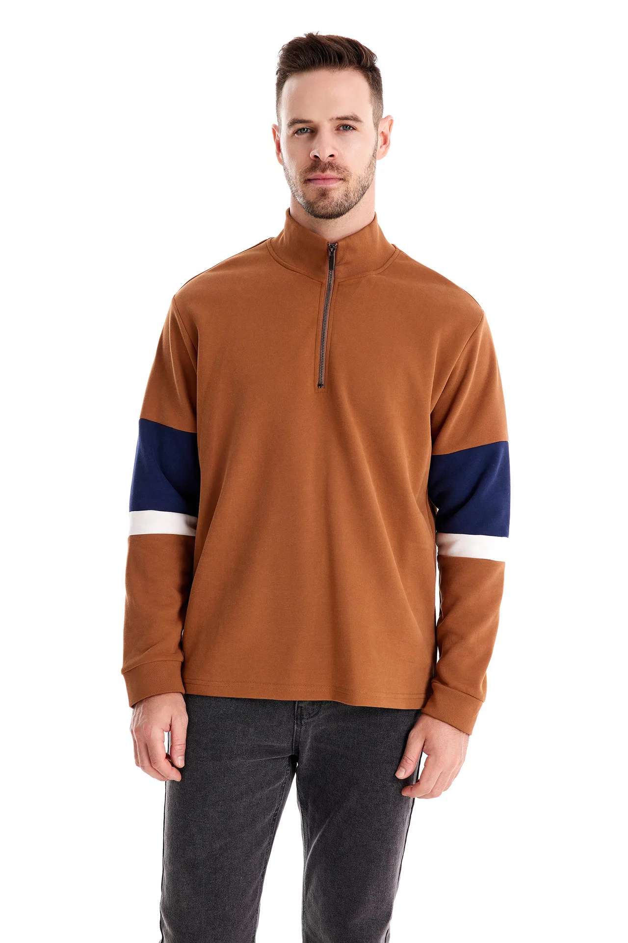 Autumn Long Sleeve Polo Collar Sweatshirt Men's Color-Block Casual Streetwear