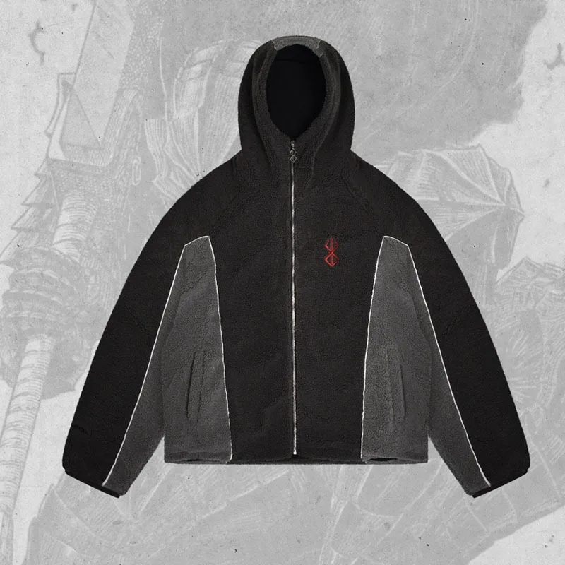 Autumn retro hip-hop street lamb fleece hoodie loose casual patchwork black gray hooded embroidery versatile
