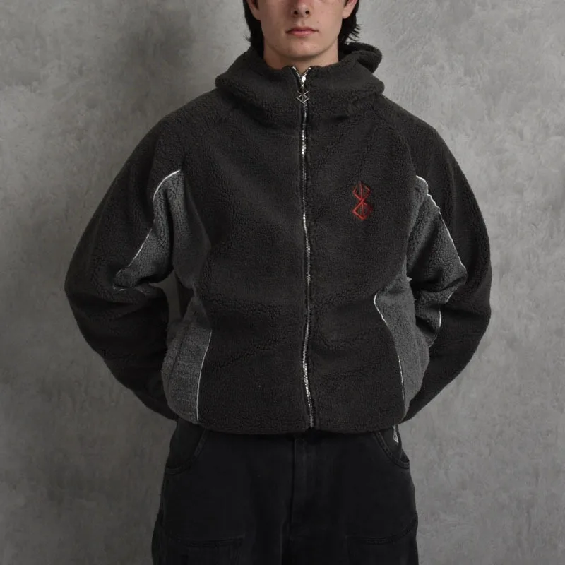 Autumn retro hip-hop street lamb fleece hoodie loose casual patchwork black gray hooded embroidery versatile