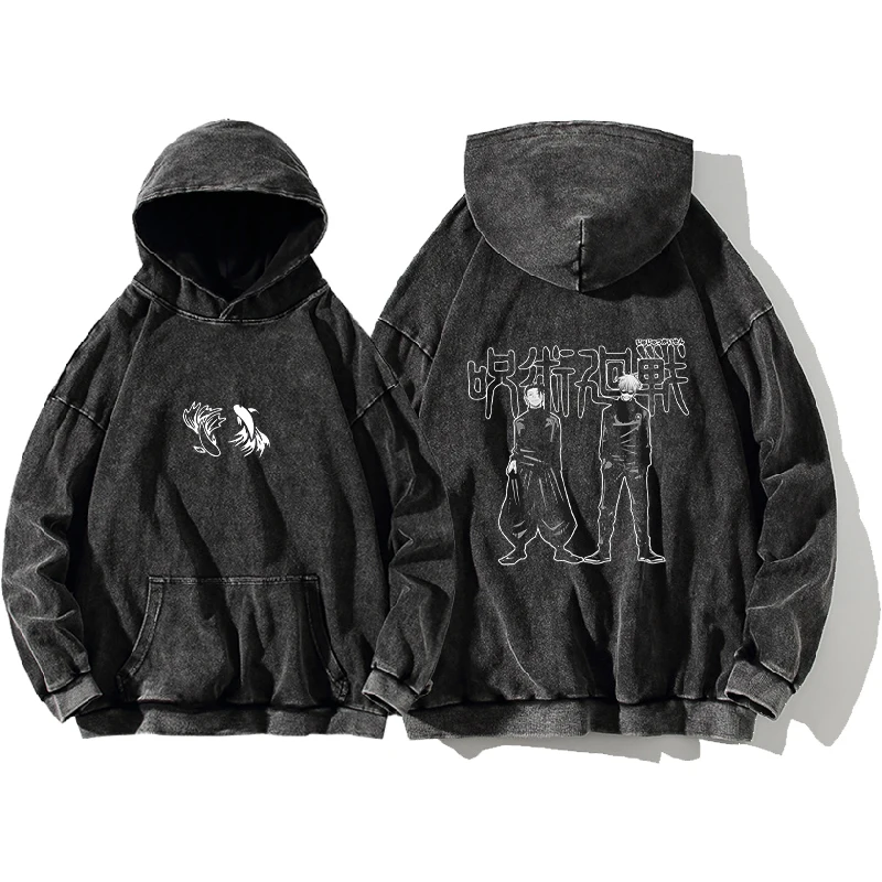 Anime Jujutsu Kaisen Gojo Satoru Geto Suguru Print Hooded Men Women Cotton Hoodies Retro Washed Sweatshirt Harajuku Streetwear
