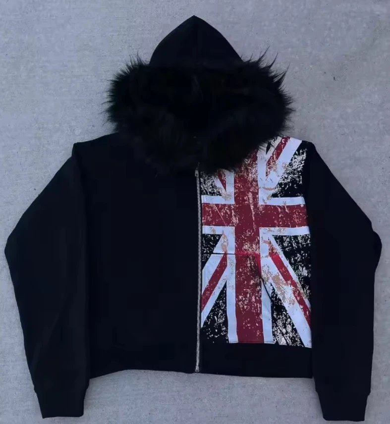 2025 Men and women British flag printed hoodie Fashion casual zipper sweatshirt trendy neutral soft and comfortable fabric
