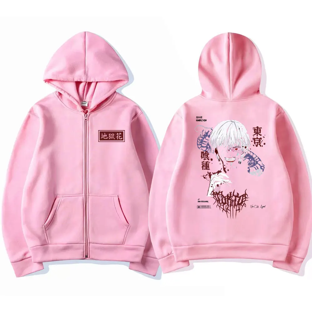 Anime Tokyo Ghoul Kaneki Ken Spider Lily Print Zipper Hoodie Unisex Hooded Sweatshirt Men Manga Oversized Zip Up Hoodies Jackets