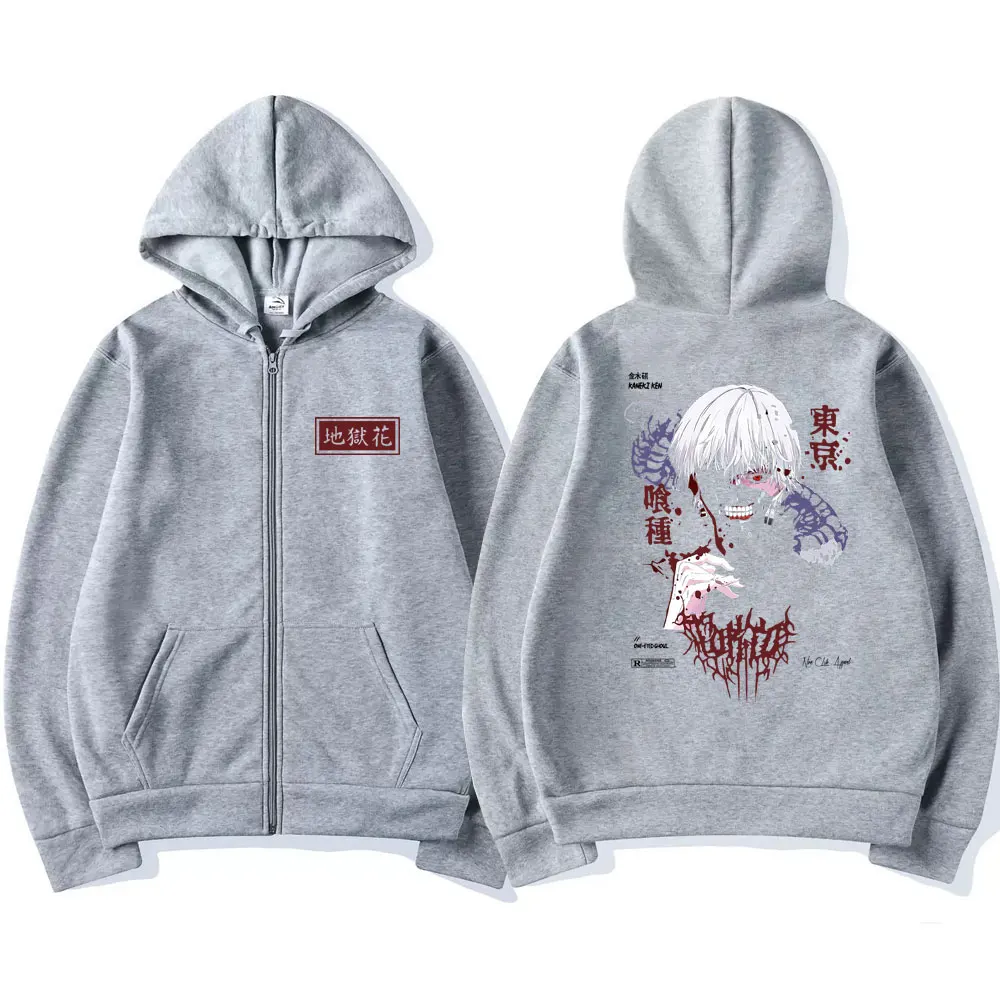 Anime Tokyo Ghoul Kaneki Ken Spider Lily Print Zipper Hoodie Unisex Hooded Sweatshirt Men Manga Oversized Zip Up Hoodies Jackets