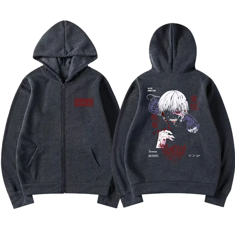 Anime Tokyo Ghoul Kaneki Ken Spider Lily Print Zipper Hoodie Unisex Hooded Sweatshirt Men Manga Oversized Zip Up Hoodies Jackets