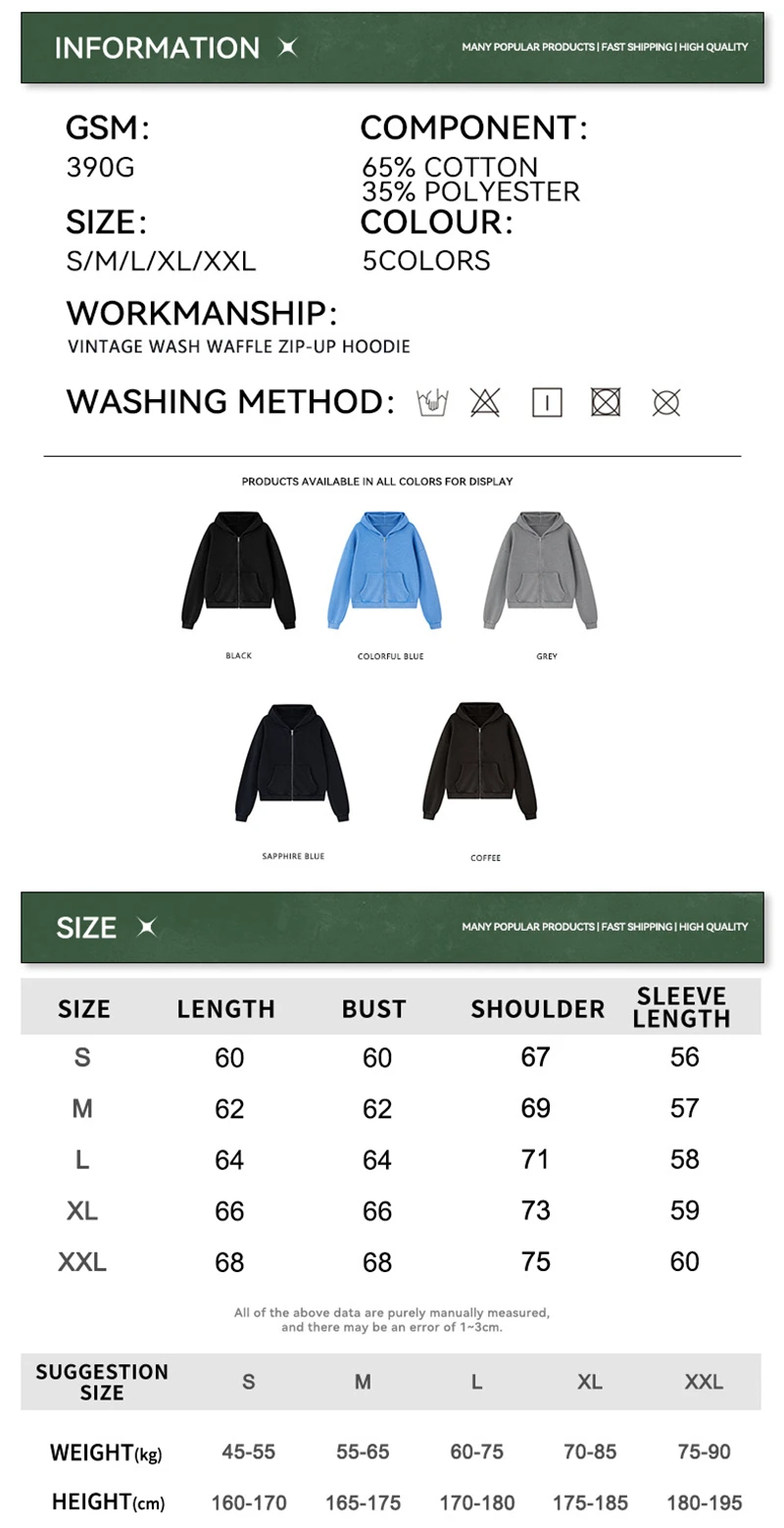 JMD Trendy Autumn Men 390gsm Waffle Zipper Hoodies Unisex Casual Old Money Style Boxyfit Solid Hooded Jacket Coat QH0168