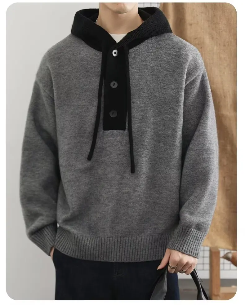 Korean Men's Knitted Hoodie Pullover 2026 Autumn Winter New Collection Color Blocked Half Open Collar Thick Hooded Sweatshirt