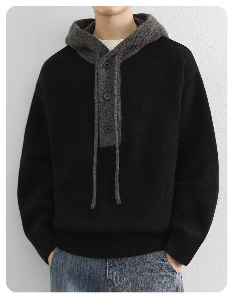 Korean Men's Knitted Hoodie Pullover 2026 Autumn Winter New Collection Color Blocked Half Open Collar Thick Hooded Sweatshirt