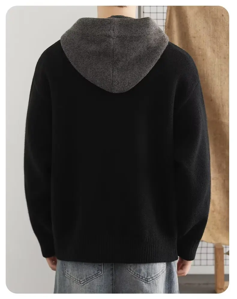 Korean Men's Knitted Hoodie Pullover 2026 Autumn Winter New Collection Color Blocked Half Open Collar Thick Hooded Sweatshirt