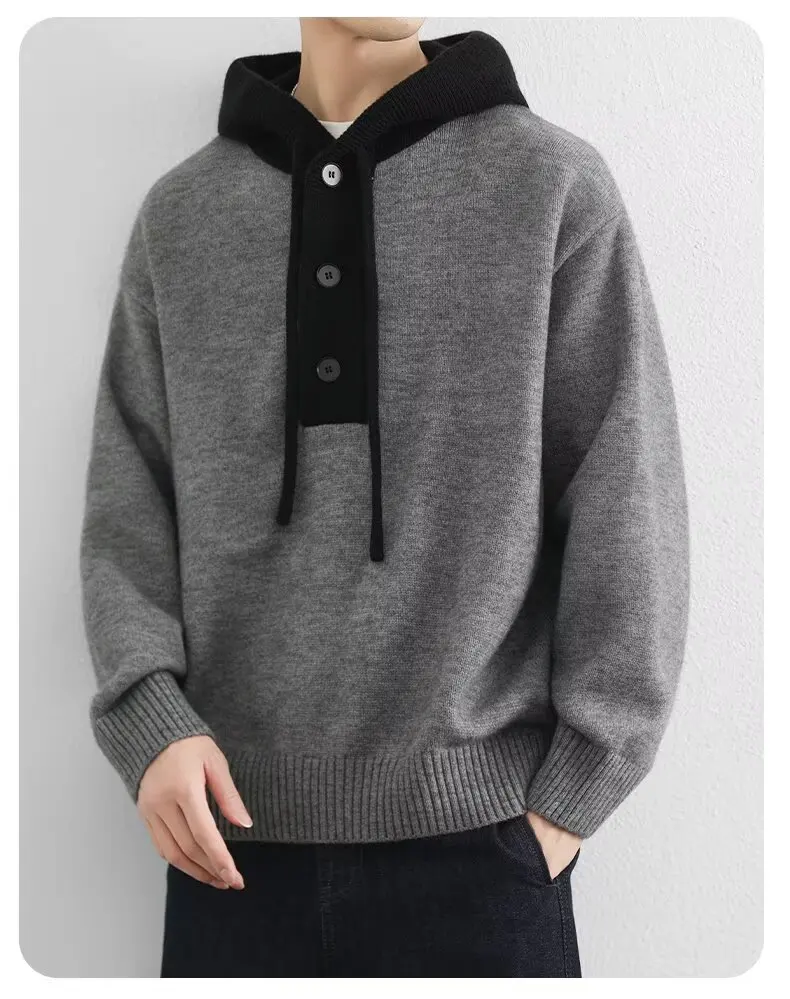 Korean Men's Knitted Hoodie Pullover 2026 Autumn Winter New Collection Color Blocked Half Open Collar Thick Hooded Sweatshirt